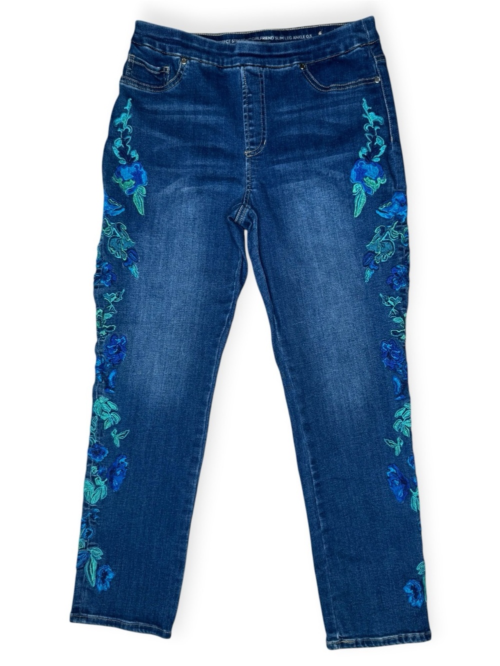 Chico’s Perfect Stretch Girlfriend Slim Leg Ankle Jeans US 6 Embroidered Floral